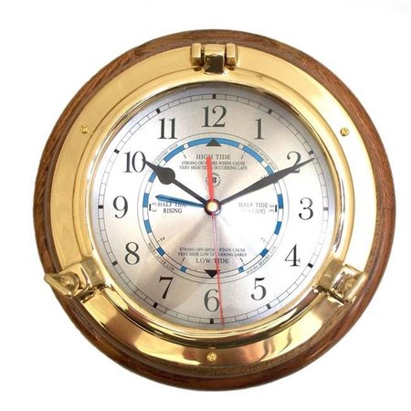 BEY BERK INTERNATIONAL Bey-Berk International SQ528 Lacquered Brass Porthole Tide & Time Quartz Clock on Oak Wood SQ528